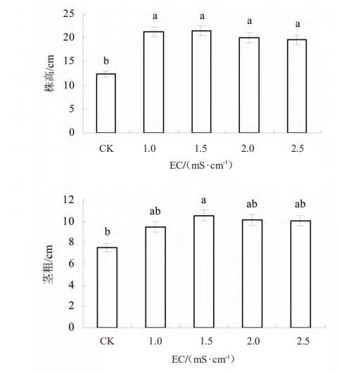 图1 区别电导率营养液解决对于蕹菜愿望的影响