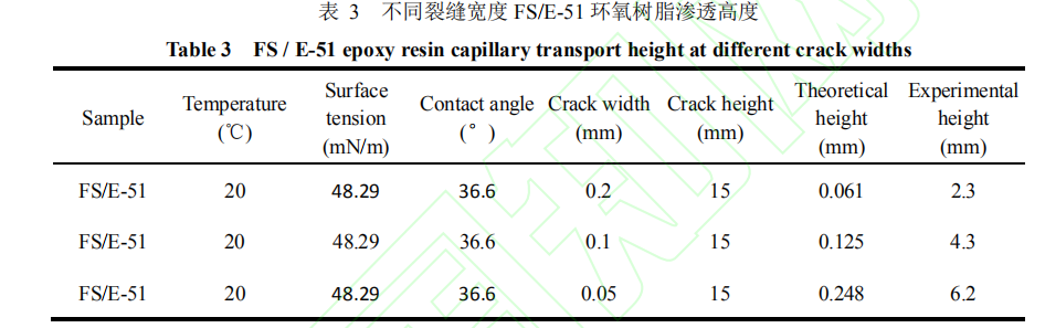 不同裂缝宽度 FS/E-51 环氧树脂渗透高度
