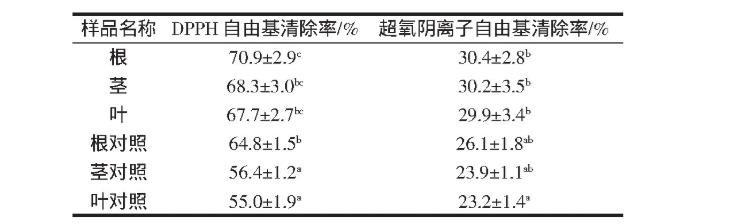 表2 根茎叶比力、发酵液DPPH从容基、超氧阴离子从容基翦灭率