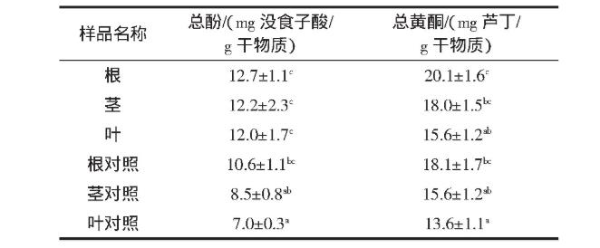 表3 根茎叶比力、发酵液总酚及总黄酮含量