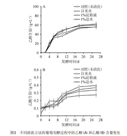 图3 区别洗涤方式的葡萄发酵历程中的乙醇（A）以及乙酸（B）含质变换 